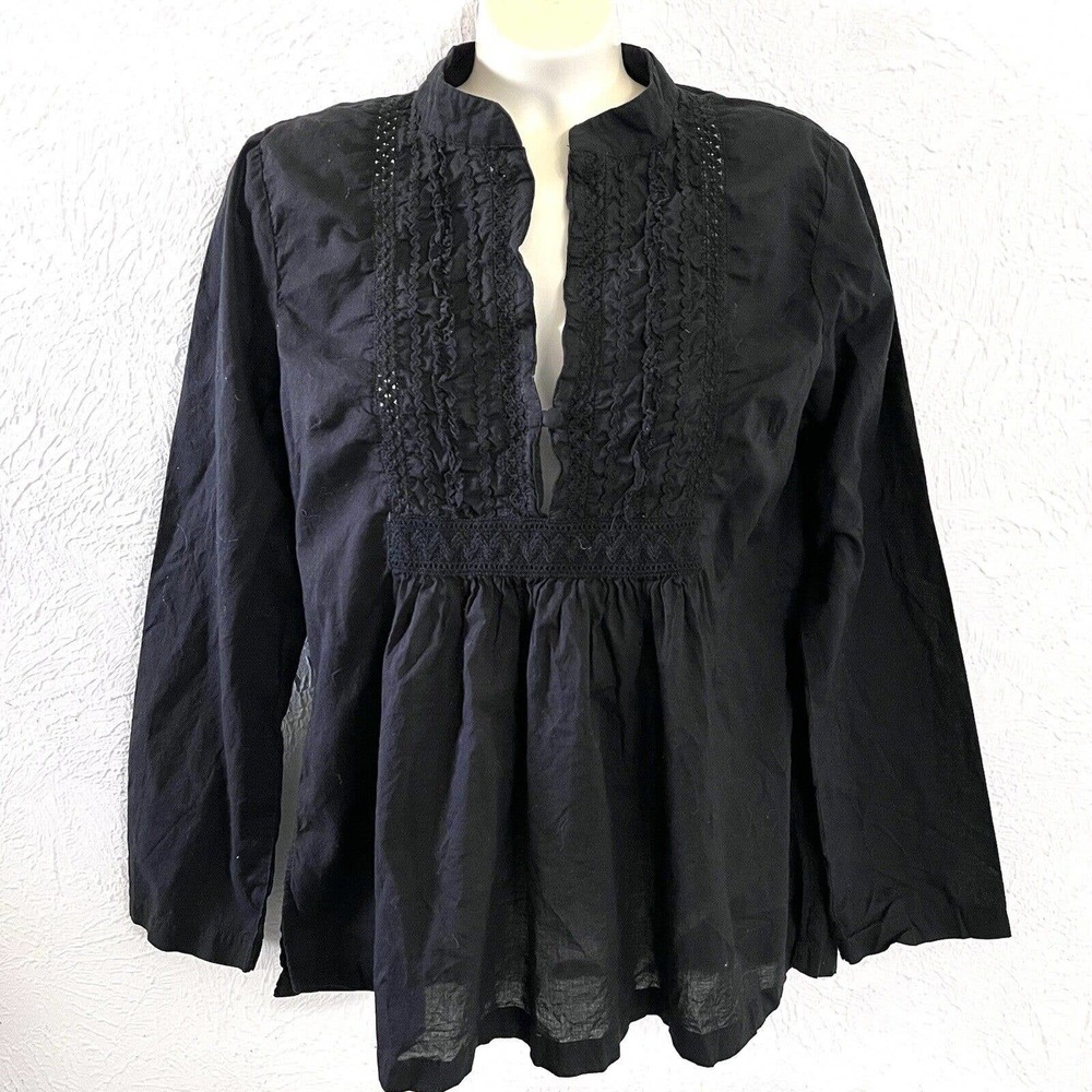 Johnny Was Women Solid Black Button Trim Cotton Long Sleeve Collared Tunic Top S